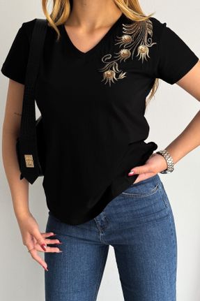 تی شرت مشکی زنانه یقه هفت رگولار تکی طراحی کد 827034389