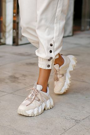 کفش اسنیکر بژ زنانه بند دار MYPOPPİSHOES - کد 51270964