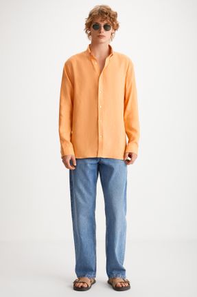 پیراهن نارنجی مردانه رگولار یقه پیراهنی کتان کد 827253391