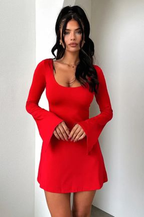 لباس قرمز زنانه بافتنی ویسکون رگولار آستین-بلند پارتی کد 827607886