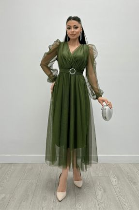 لباس مجلسی خاکی زنانه پنبه - پلی استر اورسایز یقه هفت آستر دار کد 827638766