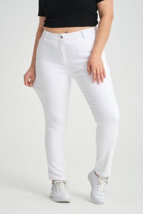 شلوار جین سایز بزرگ سفید زنانه پاچه تنگ فاق بلند بلند پنبه (نخی) کد 827885677