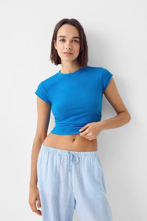 تی شرت آبی زنانه ریلکس یقه دگاژه پنبه (نخی) کد 827843903