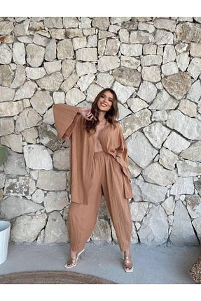 ست بالاتنه و پائین تنه قهوه ای زنانه بافتنی DELİ DOLU MODA - کد 827870194