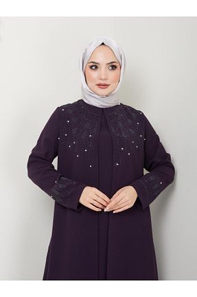 لباس مجلسی سایز بزرگ بنفش زنانه یقه گرد آستین بلند سایز بزرگ کد 827738537