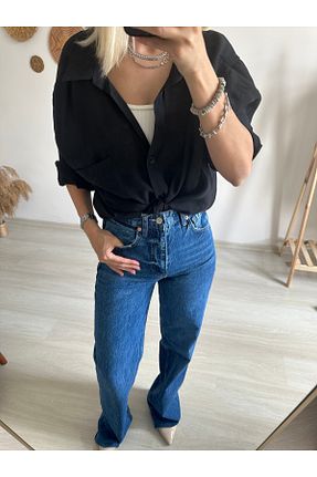شلوار جین سرمه ای زنانه پاچه پهن AG - کد 827661437