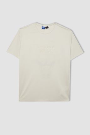 تی شرت بژ مردانه باکسی یقه گرد پارچه ای کد 827753256