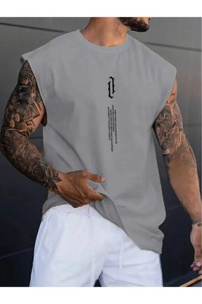 تی شرت طوسی مردانه اورسایز یقه گرد پنبه - پلی استر تکی کد 827806043