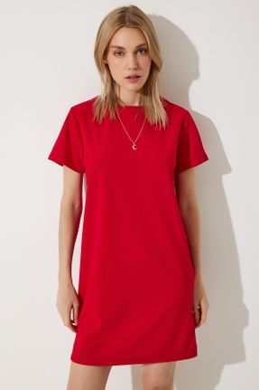 لباس قرمز زنانه بافتنی پلی استر رگولار آستین-کوتاه بیسیک کد 827528718