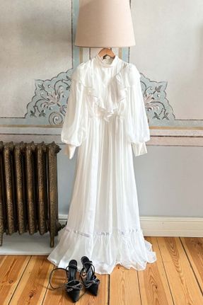 لباس مجلسی سفید زنانه پنبه - پلی استر رگولار یقه قاضی آستر دار کد 827688560