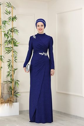 لباس مجلسی آبی زنانه یقه اسکی پلی استر رگولار کد 827786216