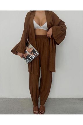 ست بالاتنه و پائین تنه قهوه ای زنانه بافتنی DELİ DOLU MODA - کد 827870212
