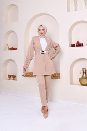 لباس مجلسی حجاب بژ زنانه کرپ Zümrüt - کد 828260583