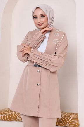 لباس مجلسی حجاب بژ زنانه کرپ Zümrüt - کد 828260583