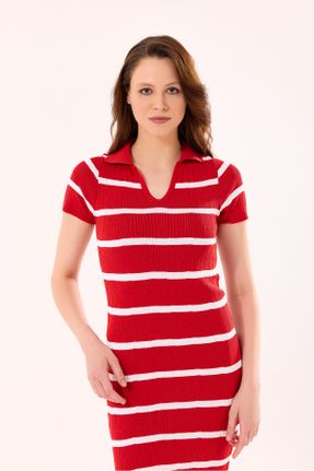 لباس قرمز زنانه بافتنی پنبه - پلی استر اسلیم آستین-کوتاه بیسیک کد 828200943