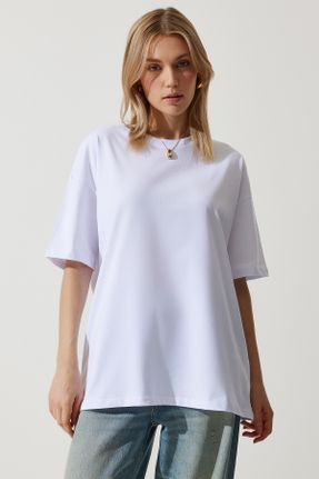 تی شرت سفید زنانه اورسایز یقه گرد کد 827626087