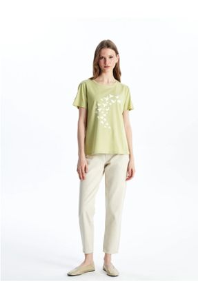 تی شرت سبز زنانه ریلکس یقه گرد تکی بیسیک کد 828380774
