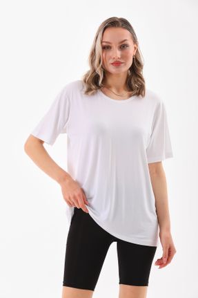 تی شرت سفید زنانه اورسایز یقه گرد لیکرا تکی کد 828451138