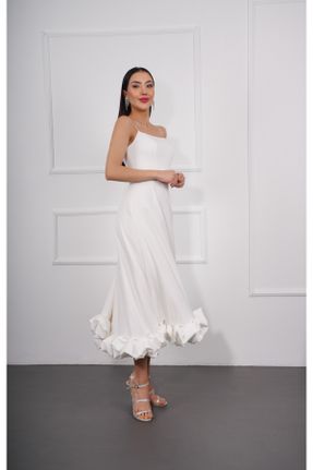 لباس سفید زنانه بافتنی پلی استر A-line بند دار کد 828562362