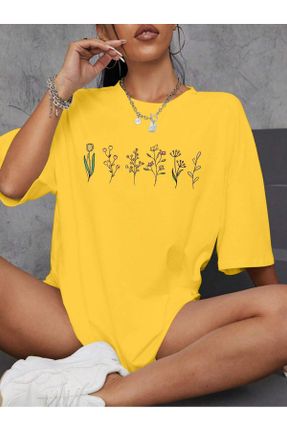 تی شرت زرد زنانه ریلکس یقه گرد کد 828490388