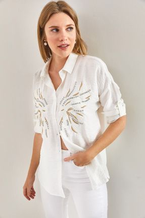 پیراهن سفید زنانه رگولار یقه پیراهنی پنبه - پلی استر کد 828215412