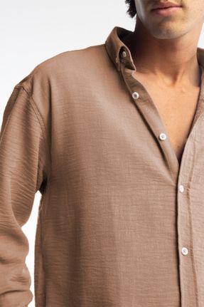 پیراهن قهوه ای مردانه یقه دکمه دار اورسایز پلی استر کد 798347373