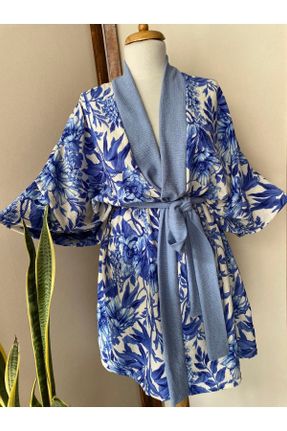 کیمونو آبی زنانه بافتنی مخلوط ویسکون طرح گلدار کد 674423943