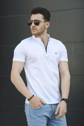 تی شرت سفید مردانه پنبه - پلی استر - الاستن یقه گرد رگولار تکی طراحی کد 115219667