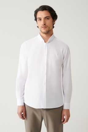 پیراهن سفید مردانه رگولار پنبه - پلی استر یقه دکمه دار کد 64607954