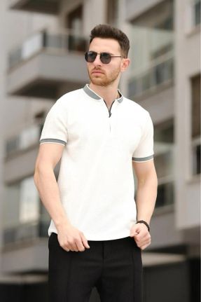تی شرت سفید مردانه رگولار پنبه - پلی استر - الاستن یقه پولو تکی طراحی کد 660460974