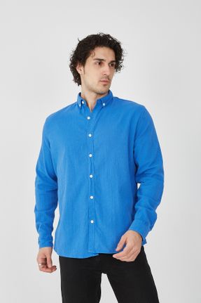 پیراهن آبی مردانه یقه پیراهنی رگولار نخ کتان کد 802585796