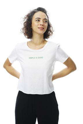تی شرت سفید زنانه کراپ یقه گرد جوان کد 663077690
