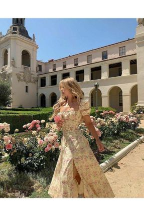 لباس بژ زنانه بافتنی پنبه - پلی استر - الاستن طرح گلدار رگولار آستین-کوتاه کد 103594862