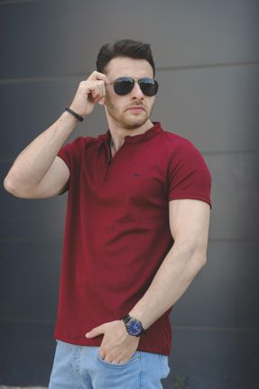تی شرت زرشکی مردانه پنبه - پلی استر - الاستن یقه گرد رگولار تکی طراحی کد 115219526
