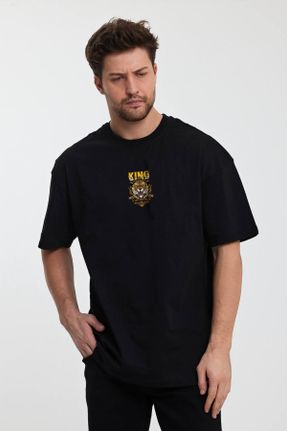 تی شرت مشکی مردانه اورسایز یقه گرد پنبه (نخی) تکی طراحی کد 829643098