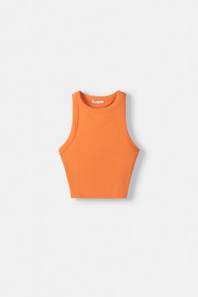 تی شرت نارنجی زنانه یقه هالتر پنبه (نخی) رگولار تکی بیسیک کد 829739275