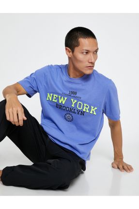 تی شرت آبی مردانه رگولار یقه گرد پنبه (نخی) تکی کد 641662238