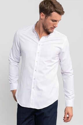 پیراهن سفید مردانه یقه پیراهنی پنبه - پلی استر اسلیم فیت کد 58861654