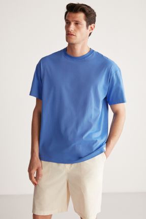 تی شرت آبی مردانه رگولار یقه گرد تکی جوان کد 694684170