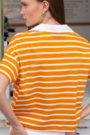 تی شرت نارنجی زنانه اورسایز یقه پولو کد 826371304