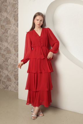 لباس مجلسی قرمز زنانه شیفون رگولار یقه هفت آستر دار کد 829641603