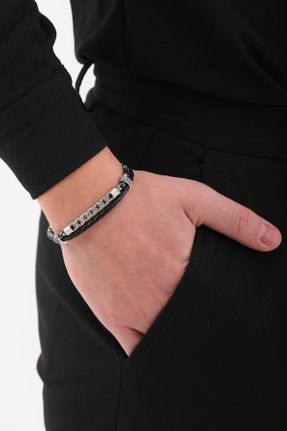 دستبند جواهر مشکی مردانه چرم طبیعی کد 744140545