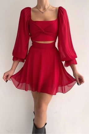 لباس قرمز زنانه بافتنی پلی استر رگولار آستین-بلند کد 191326420