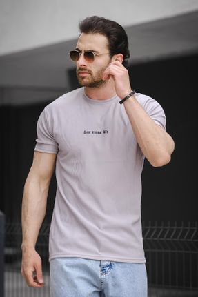 تی شرت طوسی مردانه پنبه (نخی) اسلیم فیت یقه گرد تکی طراحی کد 824852403
