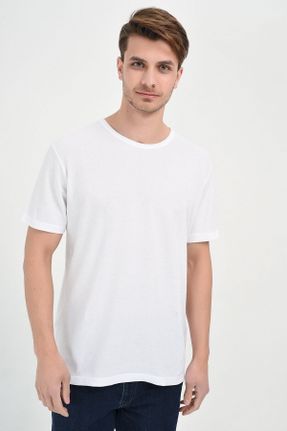تی شرت سفید مردانه رگولار یقه گرد پنبه (نخی) تکی بیسیک کد 345079579