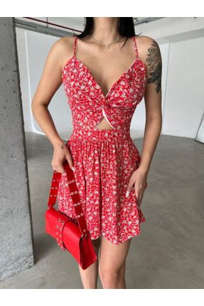 لباس قرمز زنانه بافتنی ویسکون طرح گلدار راحت بند دار پارتی کد 696817568