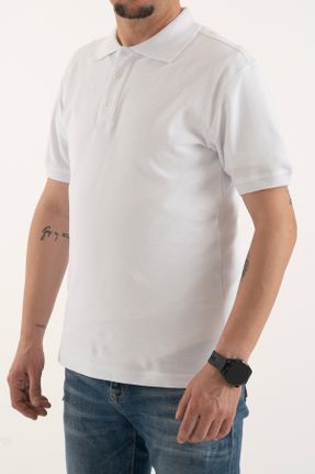 تی شرت سفید مردانه اسلیم فیت یقه پولو پنبه (نخی) تکی بیسیک کد 824726387