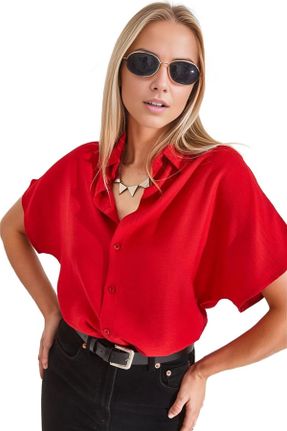 پیراهن قرمز زنانه یقه پیراهنی بافت اورسایز کد 827178223