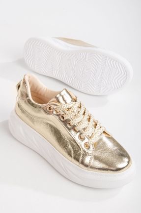 کفش اسنیکر طلائی زنانه بند دار چرم کد 828135974