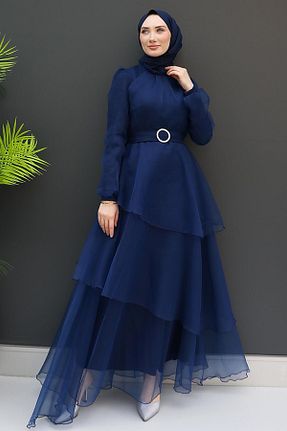 لباس مجلسی حجاب سرمه ای زنانه یقه ایستاده GİZ AGİYİM - کد 829616331